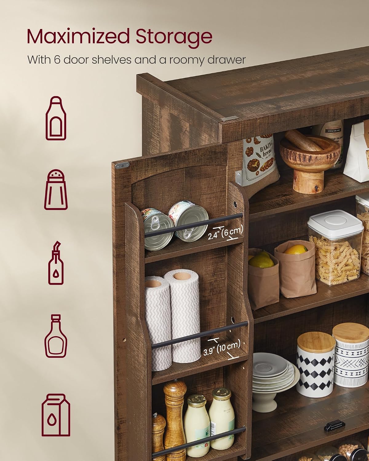 VASAGLE Pantry Cabinet, 15.7 x 30 x 71.7 Inches, Freestanding Tall Cupboard Storage Cabinet with a Drawer, 2 Cabinets, 6 Adjustable Shelves, for Living Room, Kitchen, Deep Brown UBBK561K01