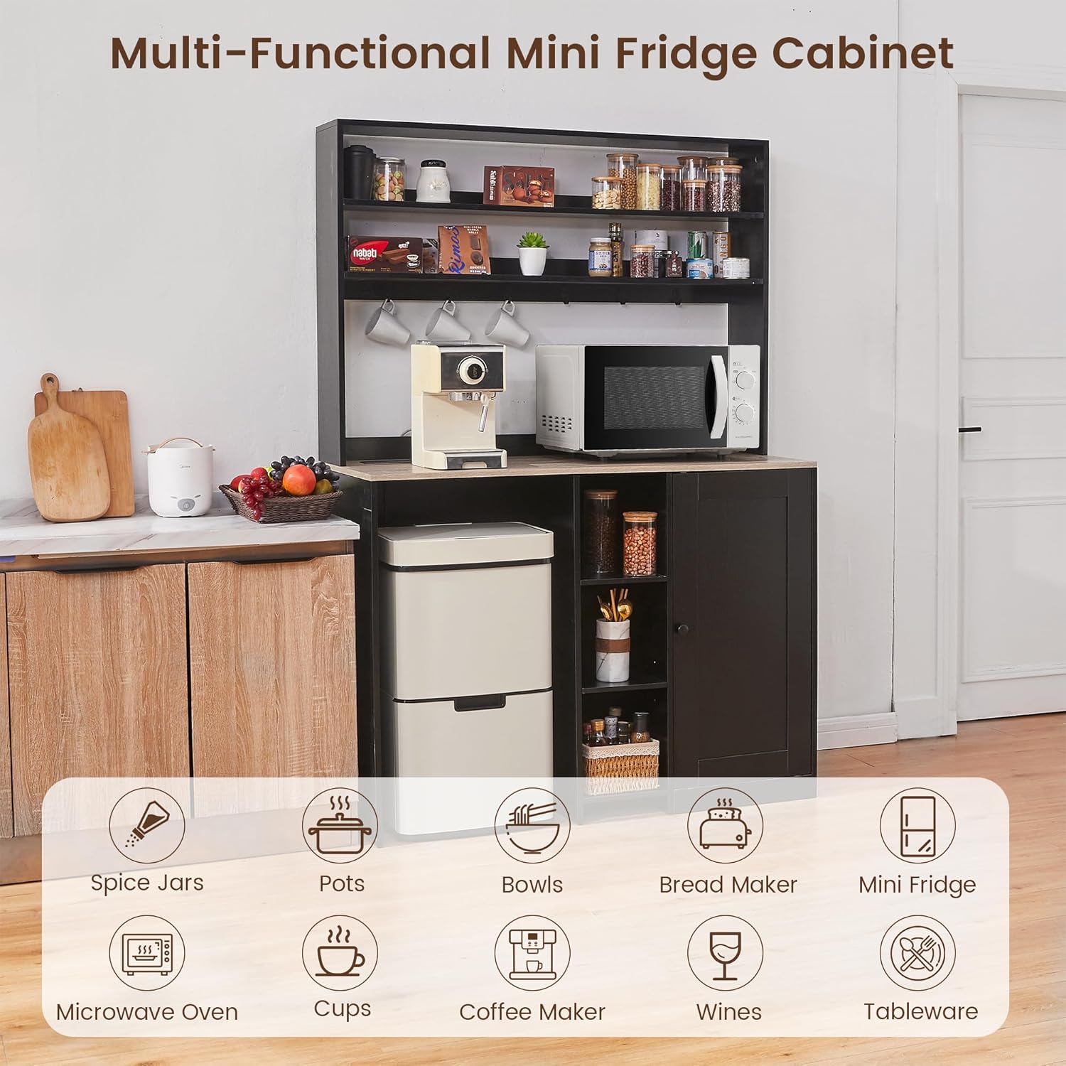 69' Coffee Bar with Mini Fridge Space, Mini Fridge Cabinet with Power Outlet, Liquor Wine Cabinet, Microwave Stand with Storage, Refrigerator Stand for Kitchen, Apartment, Home Bar, Dorm