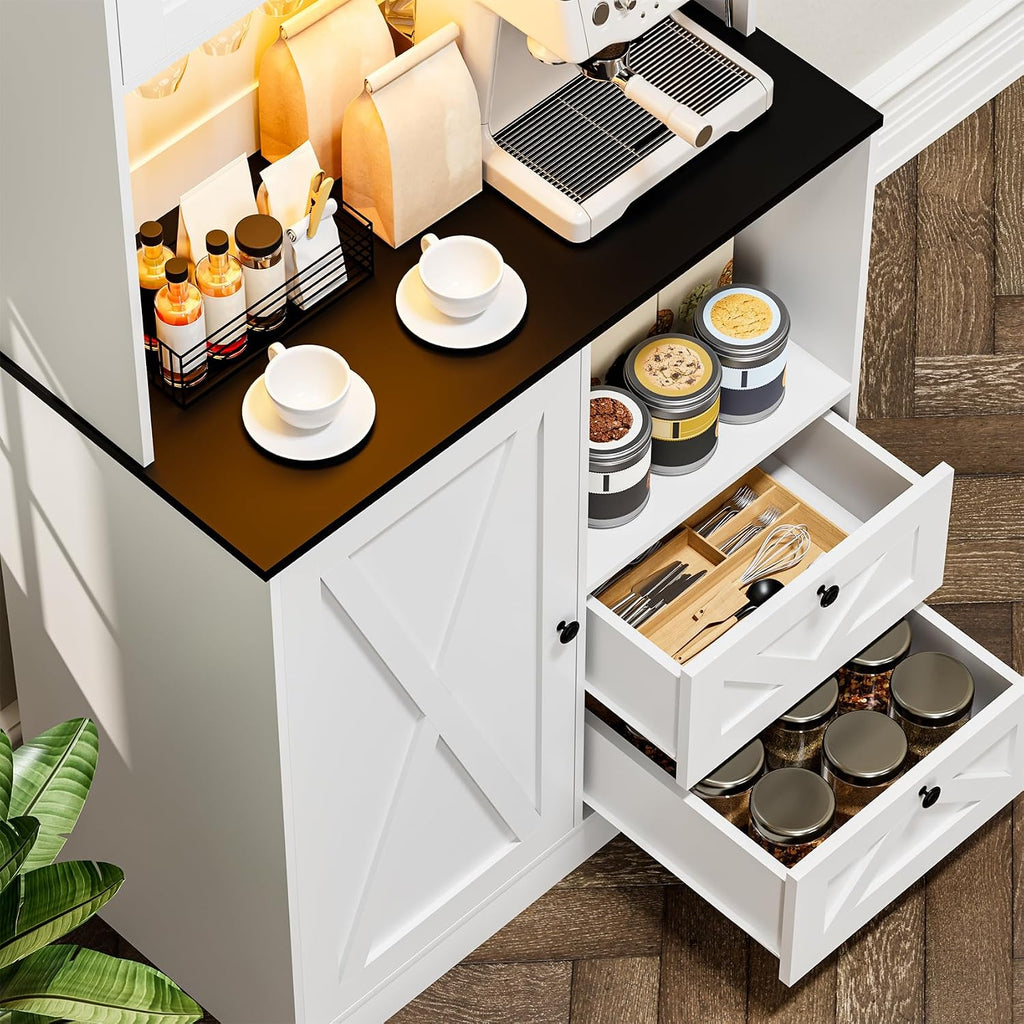 71''Kitchen Pantry Storage Cabinet with LED Lights and Power Outlet, Tall Farmhouse Kitchen Hutch with Microwave Stand,Globet Hooks and Adjustable Shelf for Dining Living Room,White