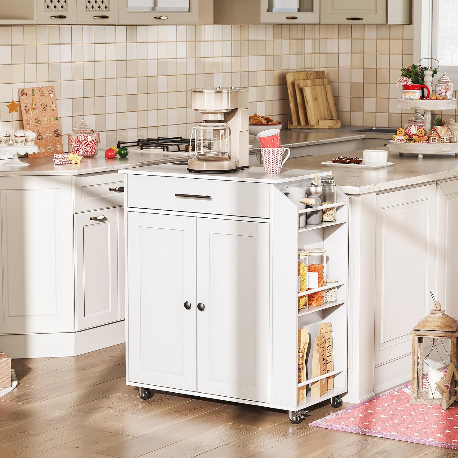 HOOBRO Kitchen Island and Rolling Kitchen Cart with Power Outlet Bundle, Storage Island with Spice Rack and Drawer, for Home WT82UZD01G1-WN88UZD01