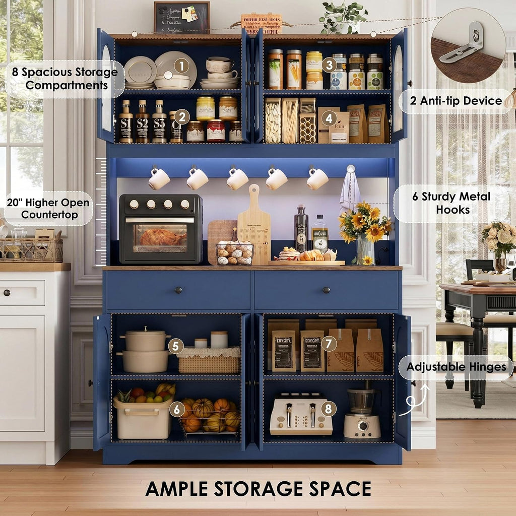 HIFIT 71' LED Kitchen Pantry Cabinet with Power Outlet, Large Kitchen Hutch Cabinet with 2 Storage Drawers & Arched Door, Countertop & Hooks, Tall China Bar for Dining Living Room (Blue)