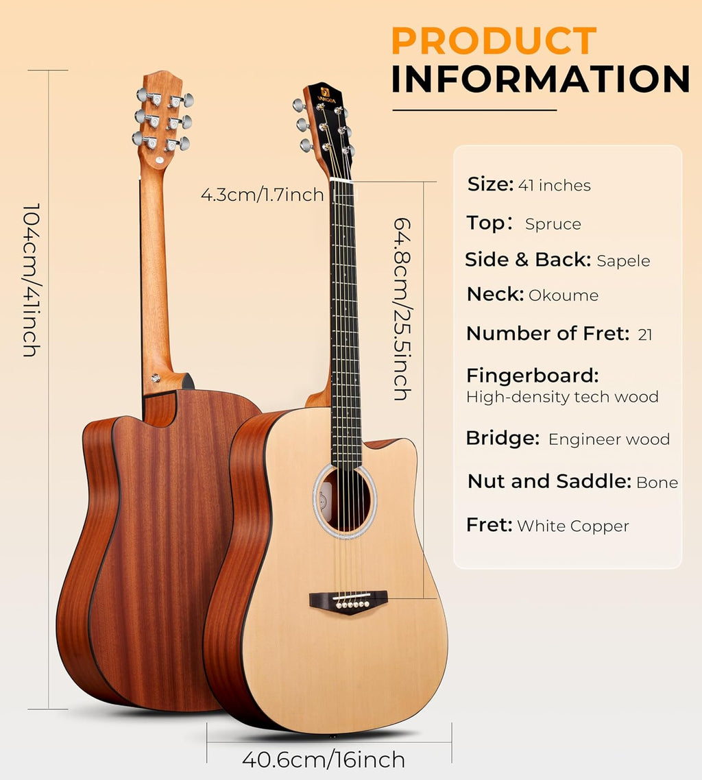 Vangoa 41' Acoustic Guitar Bundle for Beginners Adults Teens Dreadnought Full Size Cutaway Guitarra Acustica Kit with Gig Bag, Tuner, Steel Strings, Capo, Strap, Matte Natural
