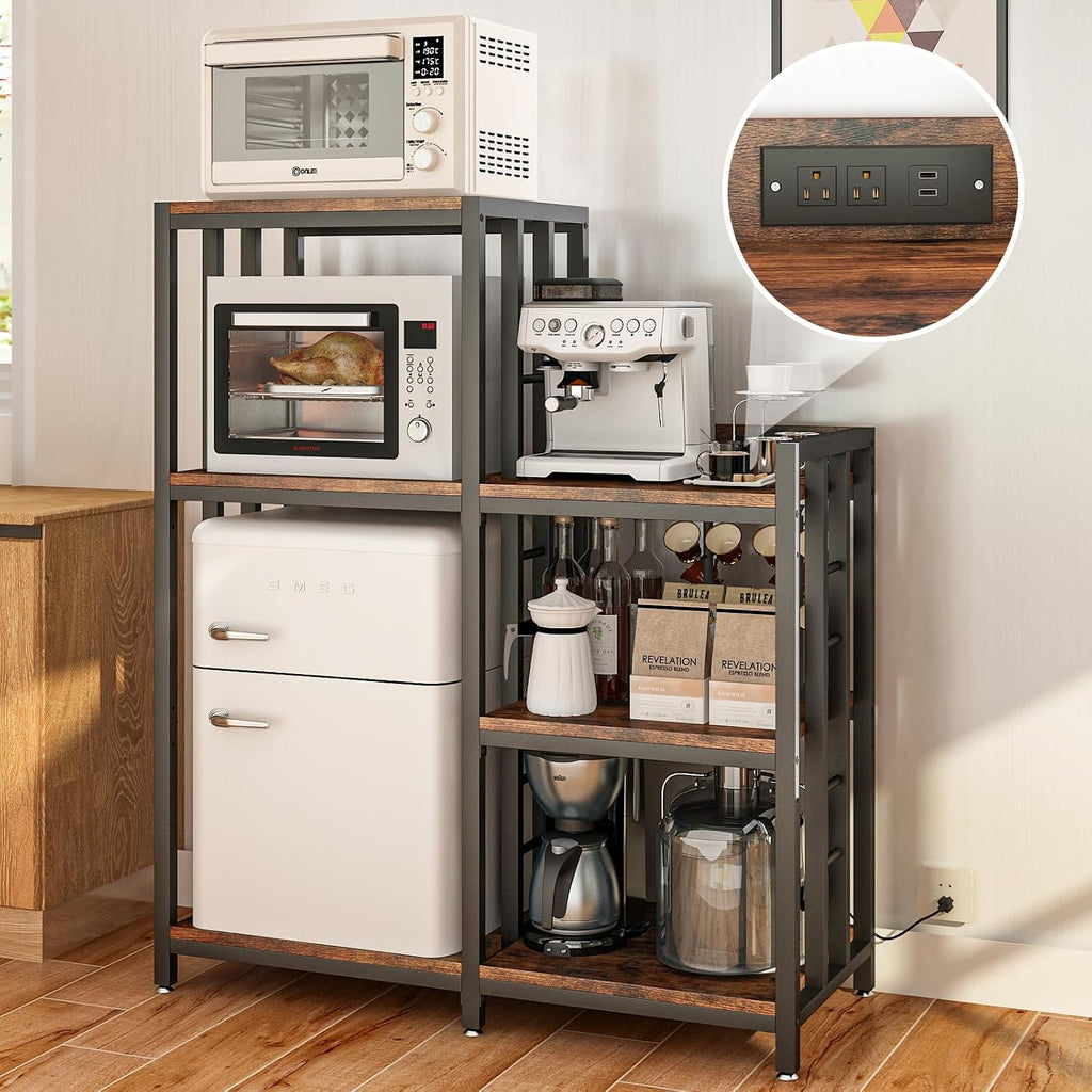 METYERRY 3-Piece Set Mini Fridge Stand with Power Outlet,Kitchen Bakers Rack with Storage,Mini Fridge and Microwave Stand,Coffee Bar, Free Standing Shelf for Kitchen, Home Office,Rustic Brown