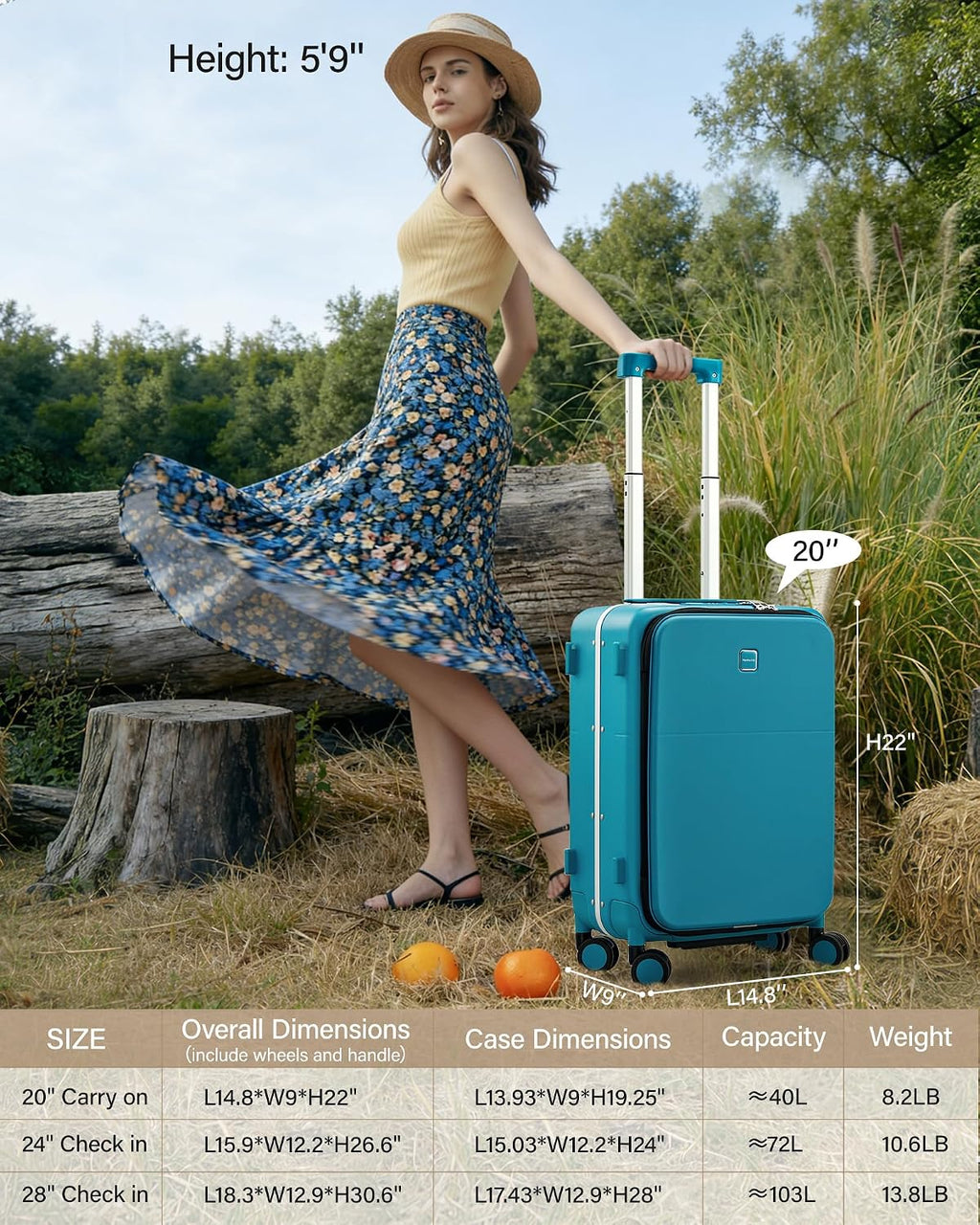 Hanke 20 Inch Top Opening Carry On Luggage with Cup Holder, Hard Shell Suitcase with Spinner Wheels, USB Ports, TSA Lock Aluminum Frame, Dry Wet Separation & Removable Divider, Caribbean Blue
