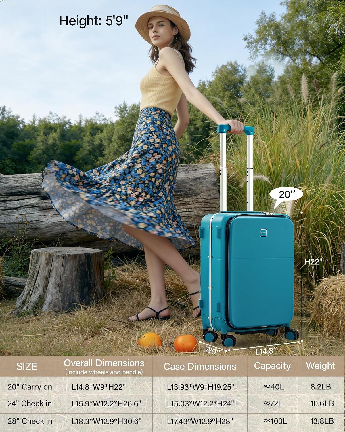 Hanke 20 Inch Top Opening Carry On Luggage with Cup Holder, Hard Shell Suitcase with Spinner Wheels, USB Ports, TSA Lock Aluminum Frame, Dry Wet Separation & Removable Divider, Caribbean Blue
