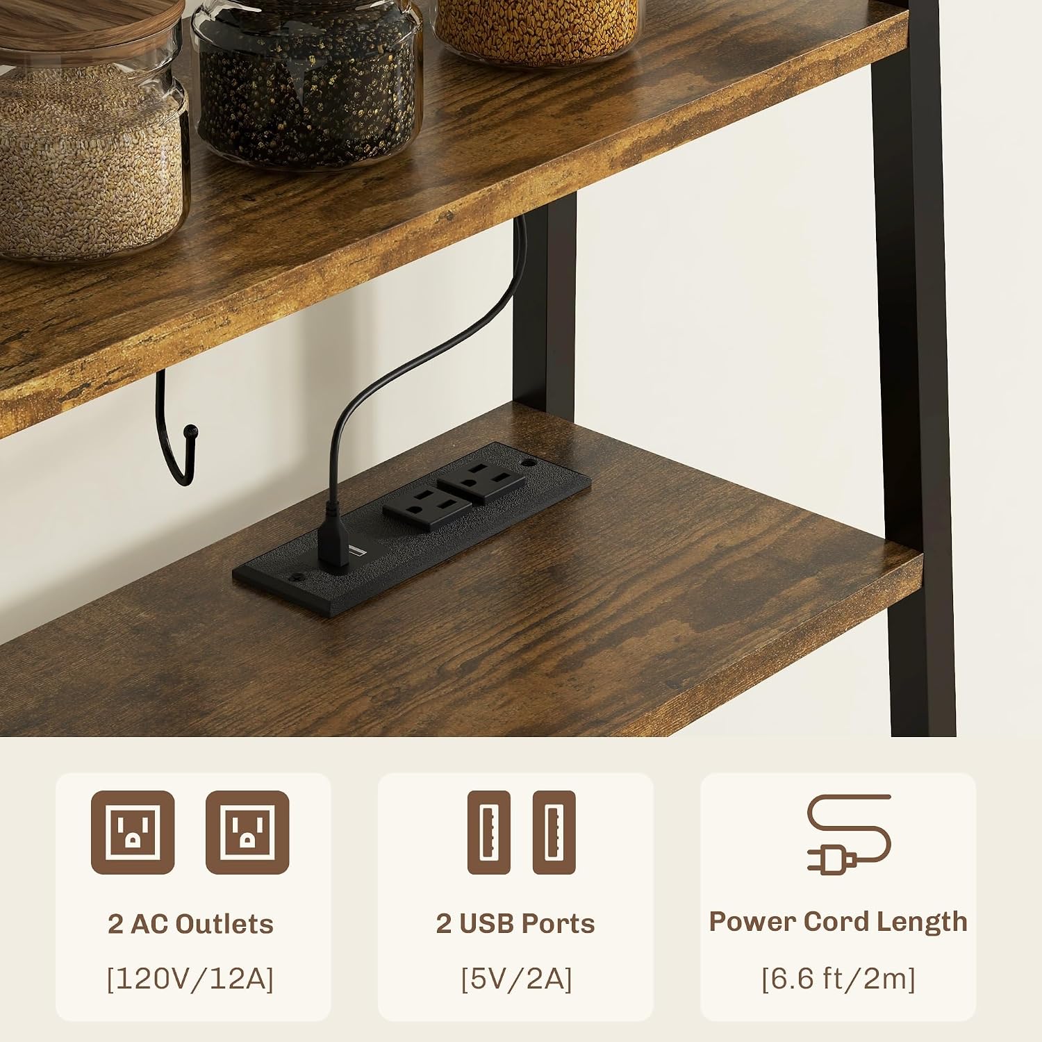 Baker's Rack with Power Outlet and LED Lights, Coffee Bar with Storage Shelves, Industrial Microwave Stand with Wine Bottle Rack, Drawer, Barn Door Cabinet, Rustic Brown