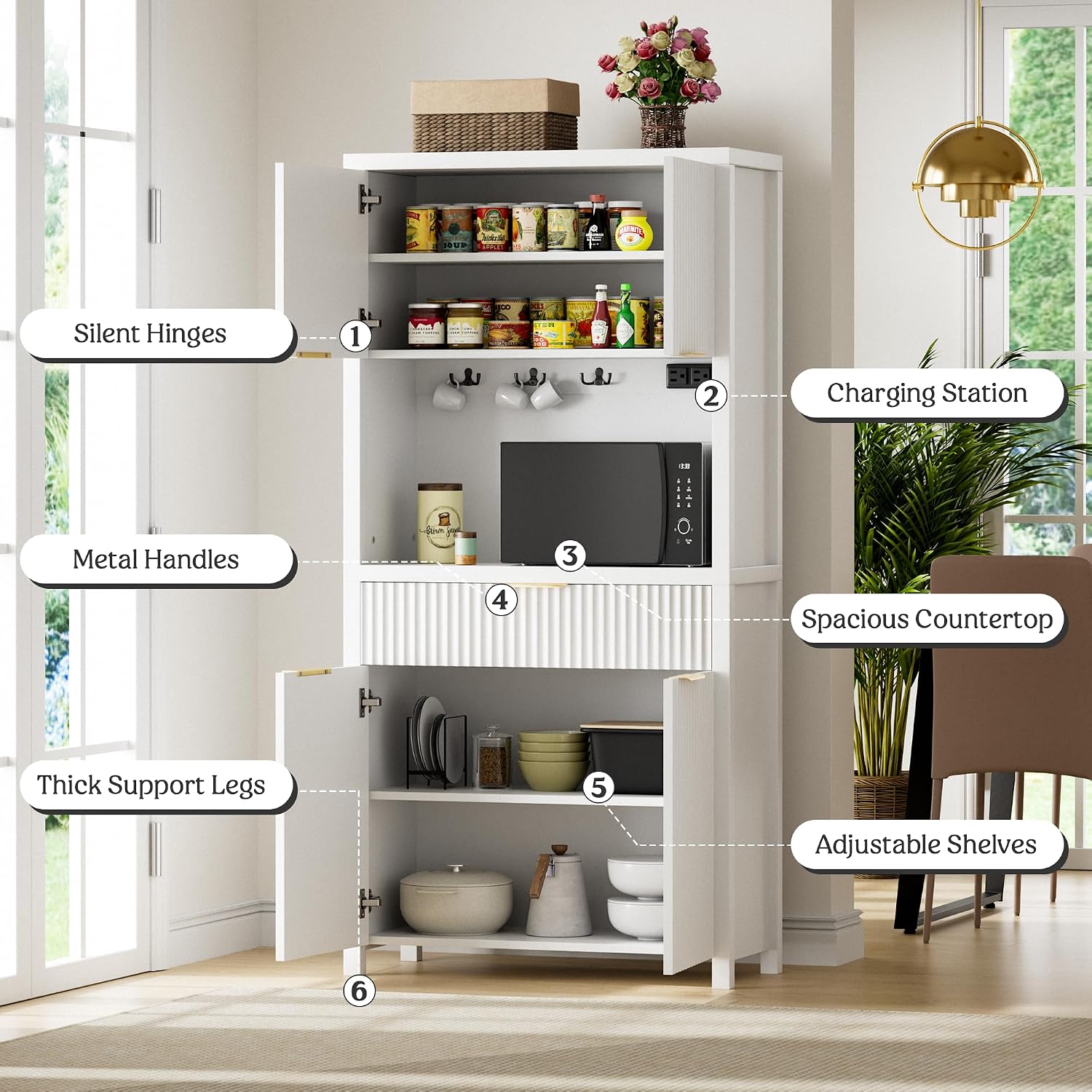 Lulive White Fluted Pantry Cabinet with Charging Station, Adjustable Shelves, Spacious Kitchen Storage Organizer with Open Countertop, Kitchen Hutch with Storage Drawers for Dining & Living Room