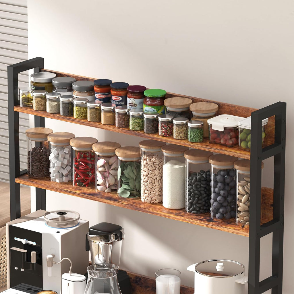 Large Kitchen Baker Rack,5-Tier Free Standing Storage Shelf Racks with Hooks,Microwave Stand with Storage, Metal Kitchen Shelf Rack for Spices,Coffee Bar Station (Brown)