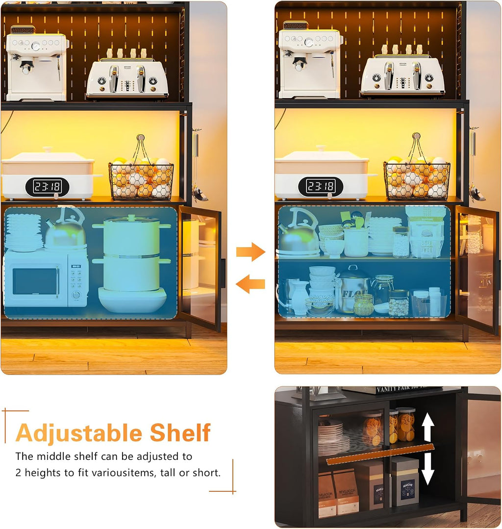 67'' LED Kitchen Pantry Cabinet with Pegboard, 3 Color Dimmable Bakers Rack with Charging Station Adjustable Shelves and Hooks, Microwave Stand with Storage