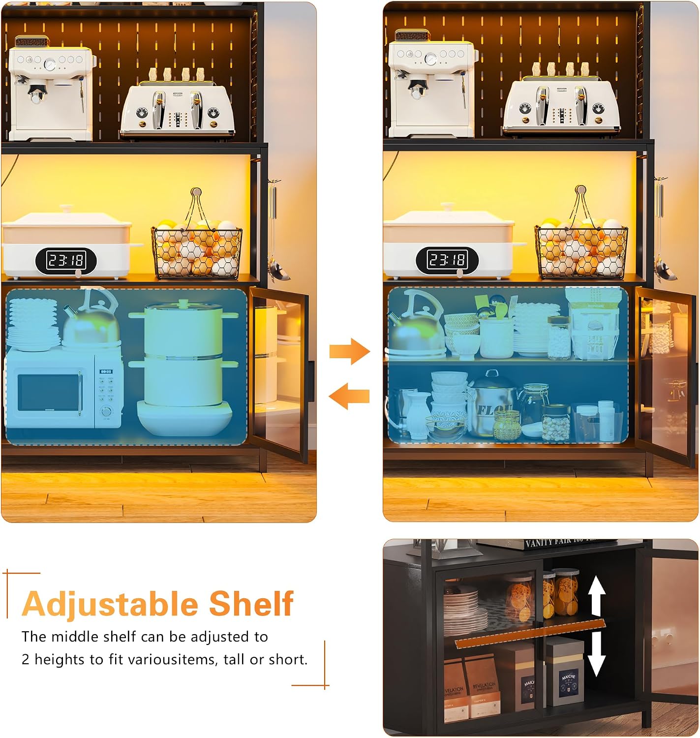 67'' LED Kitchen Pantry Cabinet with Pegboard, 3 Color Dimmable Bakers Rack with Charging Station Adjustable Shelves and Hooks, Microwave Stand with Storage
