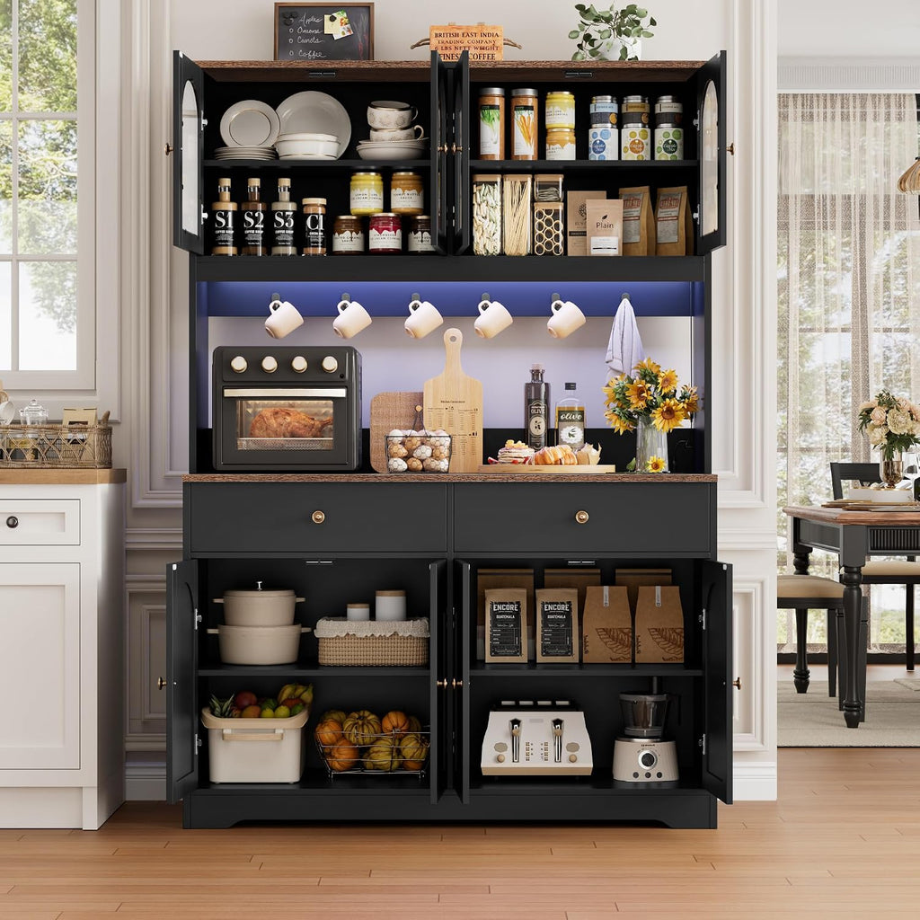 HIFIT 71' LED Kitchen Pantry Cabinet with Power Outlet, Large Kitchen Hutch Cabinet with 2 Storage Drawers & Arched Door, Countertop & Hooks, Tall China Bar for Dining Living Room (Black)