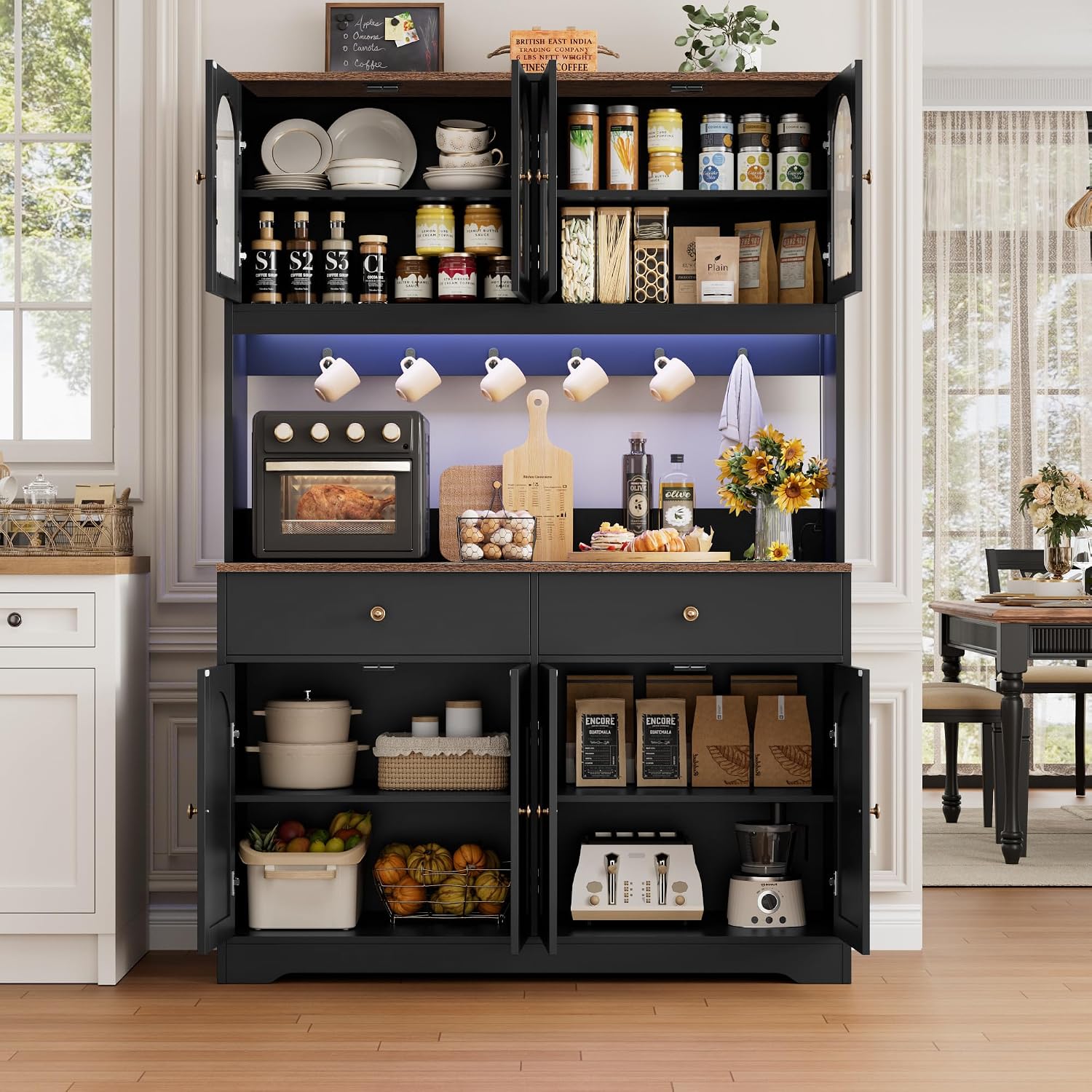HIFIT 71' LED Kitchen Pantry Cabinet with Power Outlet, Large Kitchen Hutch Cabinet with 2 Storage Drawers & Arched Door, Countertop & Hooks, Tall China Bar for Dining Living Room (Black)