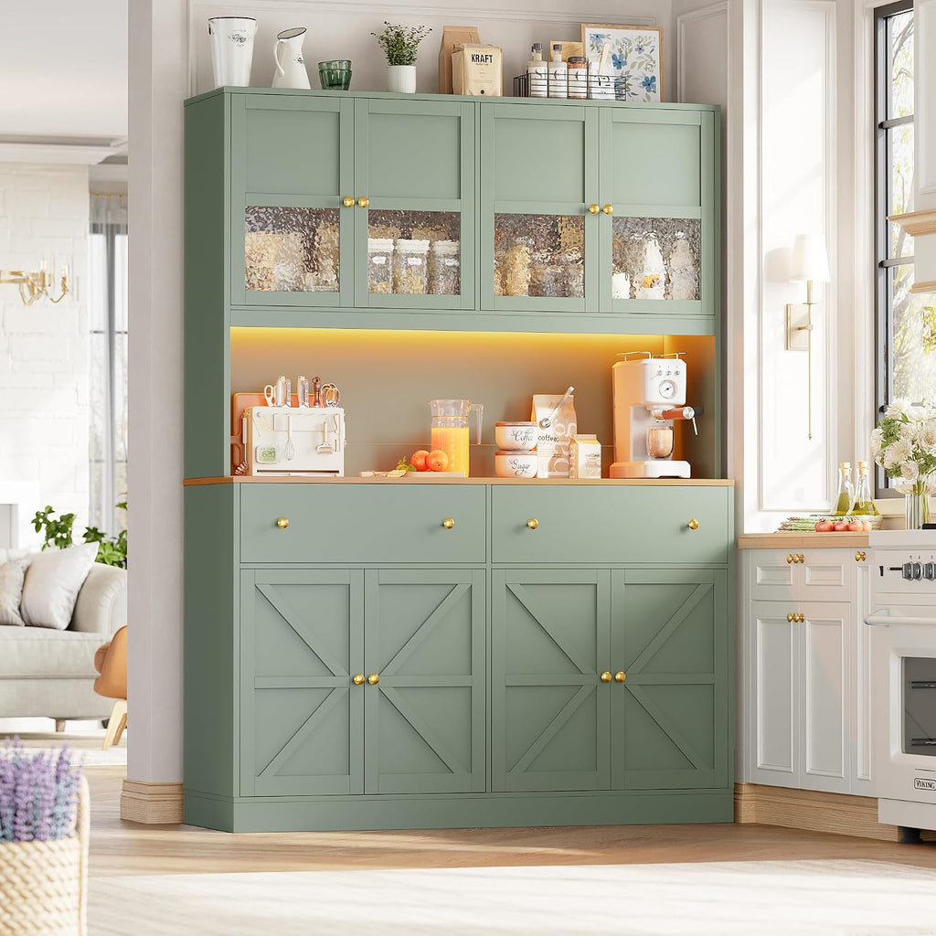FINETONES 71' Pantry Cabinet with LED Light and Charging Station, Farmhouse Kitchen Pantry Cabinet with Microwave Stand, 47.2' Wide Kitchen Hutch Food Pantry with Open Countertop, Green