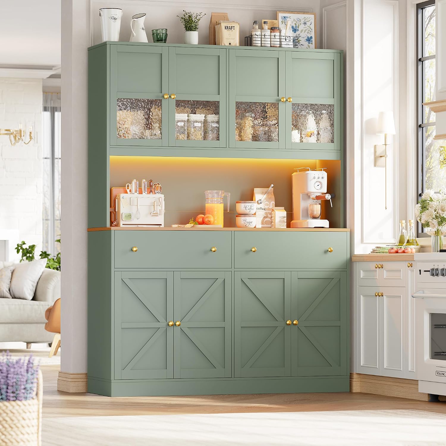 FINETONES 71' Pantry Cabinet with LED Light and Charging Station, Farmhouse Kitchen Pantry Cabinet with Microwave Stand, 47.2' Wide Kitchen Hutch Food Pantry with Open Countertop, Green