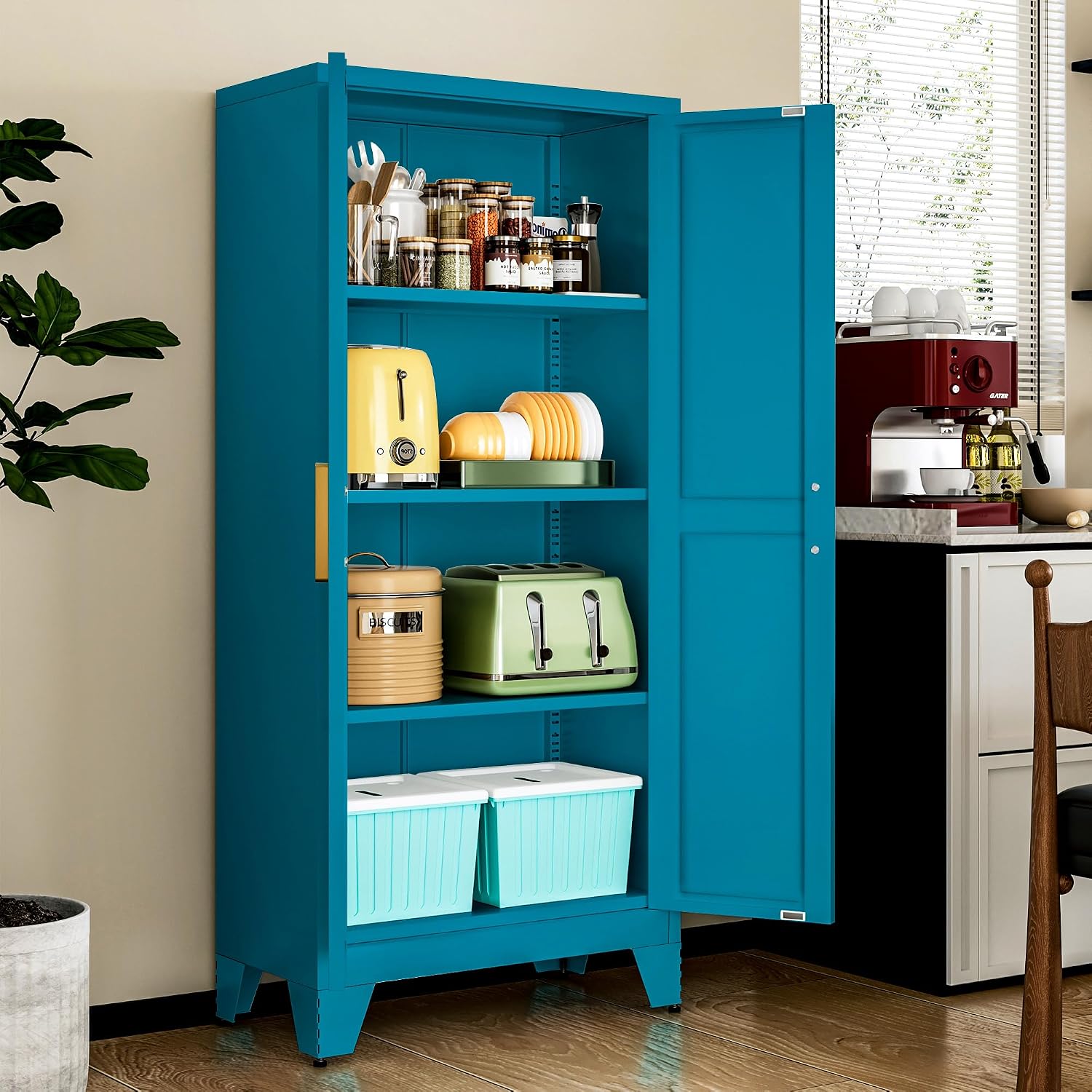 LCAOPC 61' Tall Metal Storage Cabinet with 2 Doors and 3 Adjustable Shelves, 4-Tier Kitchen Pantry Storage Cabinet for Kitchen, Living Room, Dining Room and Office, Blue