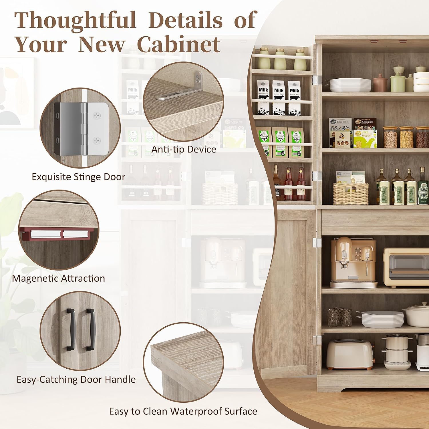 Shintenchi Kitchen Pantry Cabinet, Freestanding Farmhouse Storage Cabinet with 8 Door Shelves, 2 Cabinets and 1 Drawer, Tall Cupboard for Kitchen, Living Room, Dining Room and Bathroom, Ash Gray