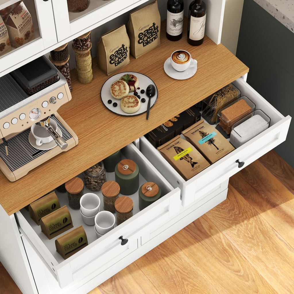 Tall Pantry Cabinet, Modern Kitchen Hutch with Microwave Stand, Kitchen Pantry Storage Cabinet with 2 Darwers & Door Shelf, Food Pantry with Glass Doors & Adjustable Shelves for Dining Room, White