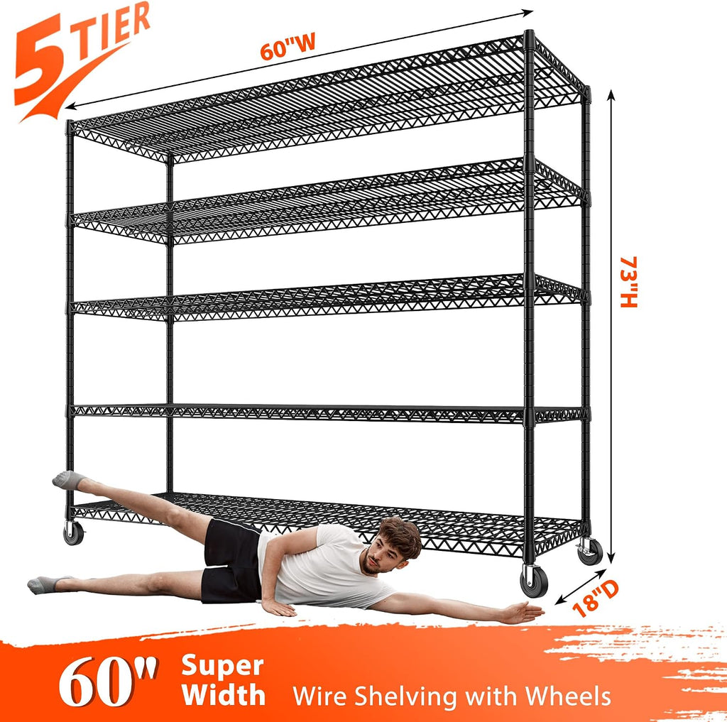 REIBII 3200LBS Storage Shelves Wire Shelving with Wheels,Adjustable Garage Shelving Heavy Duty Steel Metal Shelving Unit Shelf Rack for Warehouses,Garage,Kitchen,School,Commercial,73' H X 60'W X 18' D