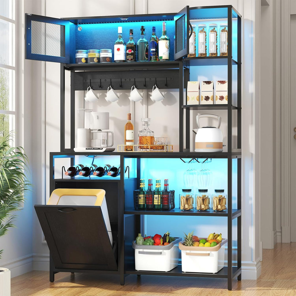 Bakers Rack with Power Outlet and LED Light, 6-Tier Commercial Bakery Racks, Kitchen Microwave Stand with Storage Cabinet, Kitchen Tilt Out Trash Cabinet, 15.8' D x 42.5' W x 67.8' H, Black