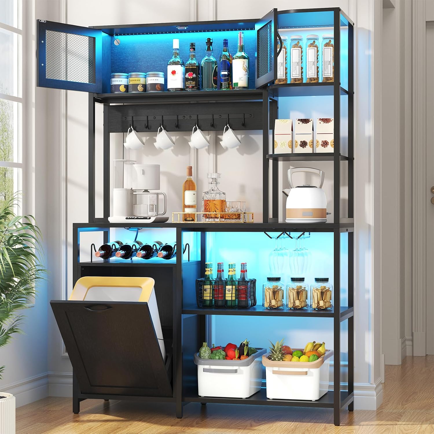 Bakers Rack with Power Outlet and LED Light, 6-Tier Commercial Bakery Racks, Kitchen Microwave Stand with Storage Cabinet, Kitchen Tilt Out Trash Cabinet, 15.8' D x 42.5' W x 67.8' H, Black