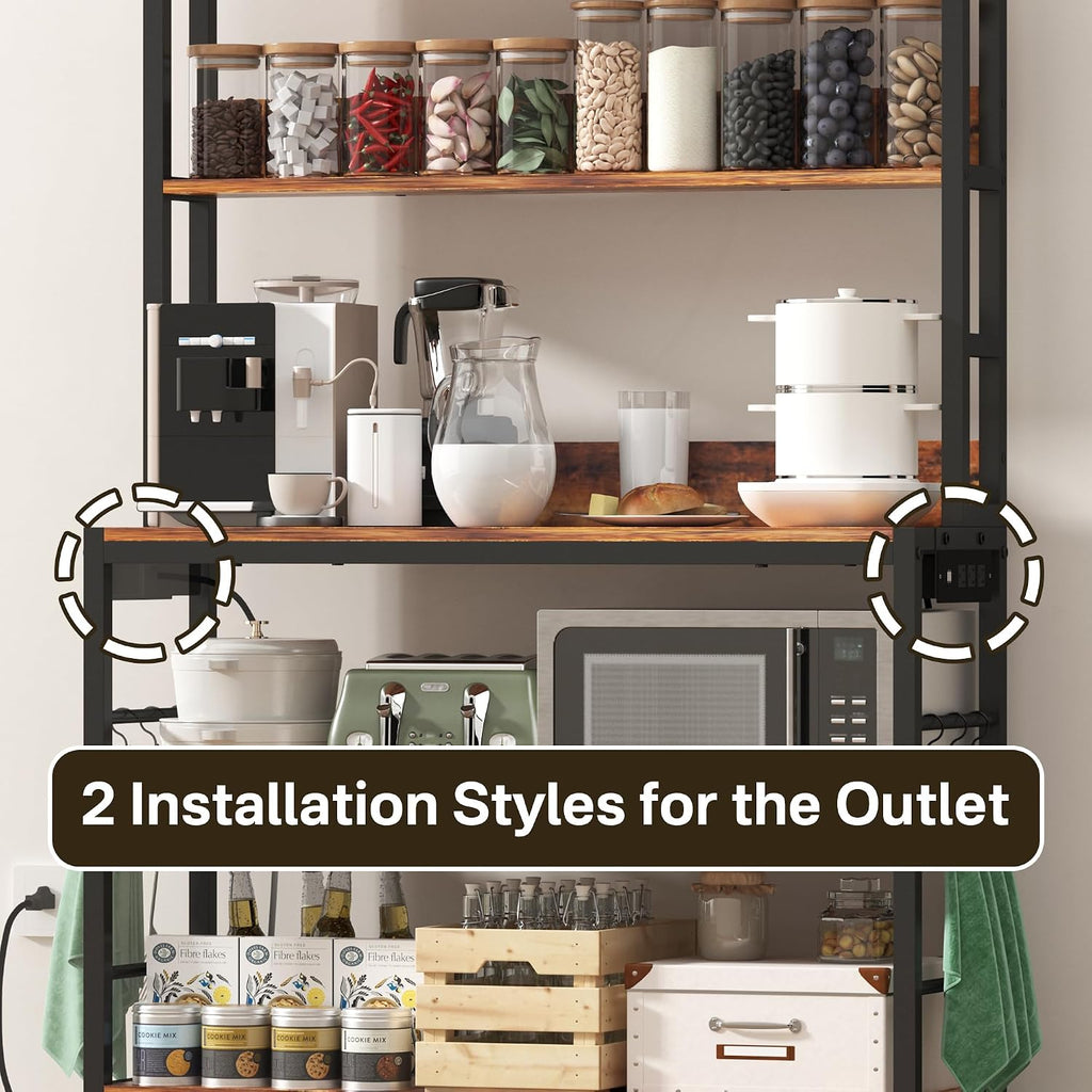 Baker Rack with Power Outlet,5-Tier Free Standing Storage Shelf Rack with Hooks,Microwave Stand with Storage, Metal Kitchen Shelf Rack for Spices,Coffee Bar Station