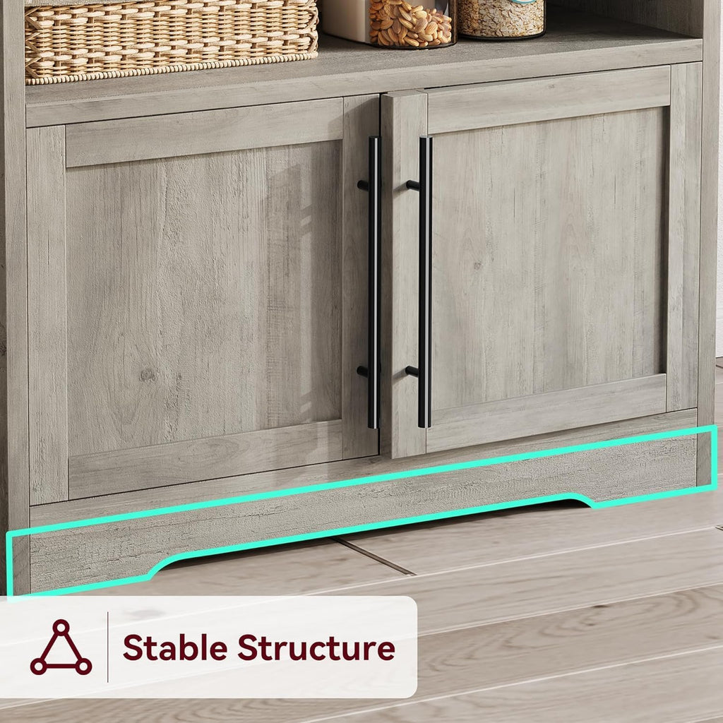 TrailBlaze Microwave Stand with Storage Cabinet, Bakers Rack with Power Outlet and Shelves, Farmhouse Floor Hutch Door Thickened Counter, Storage Shelf Coffee Bar for Kitchen, Dining Room, Grey