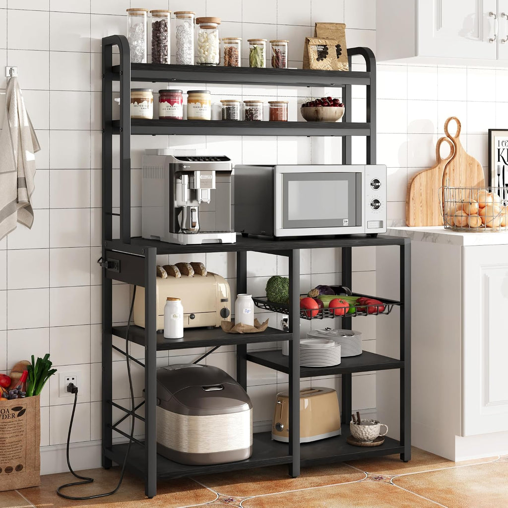 Garvee Bakers Rack with Power Outlet, 6-Tier Large Microwave Stand with Wire Basket, Large Coffee Bar Station, Open Storage Metal Kitchen Shelf Rack for Spices, Pots and Pans