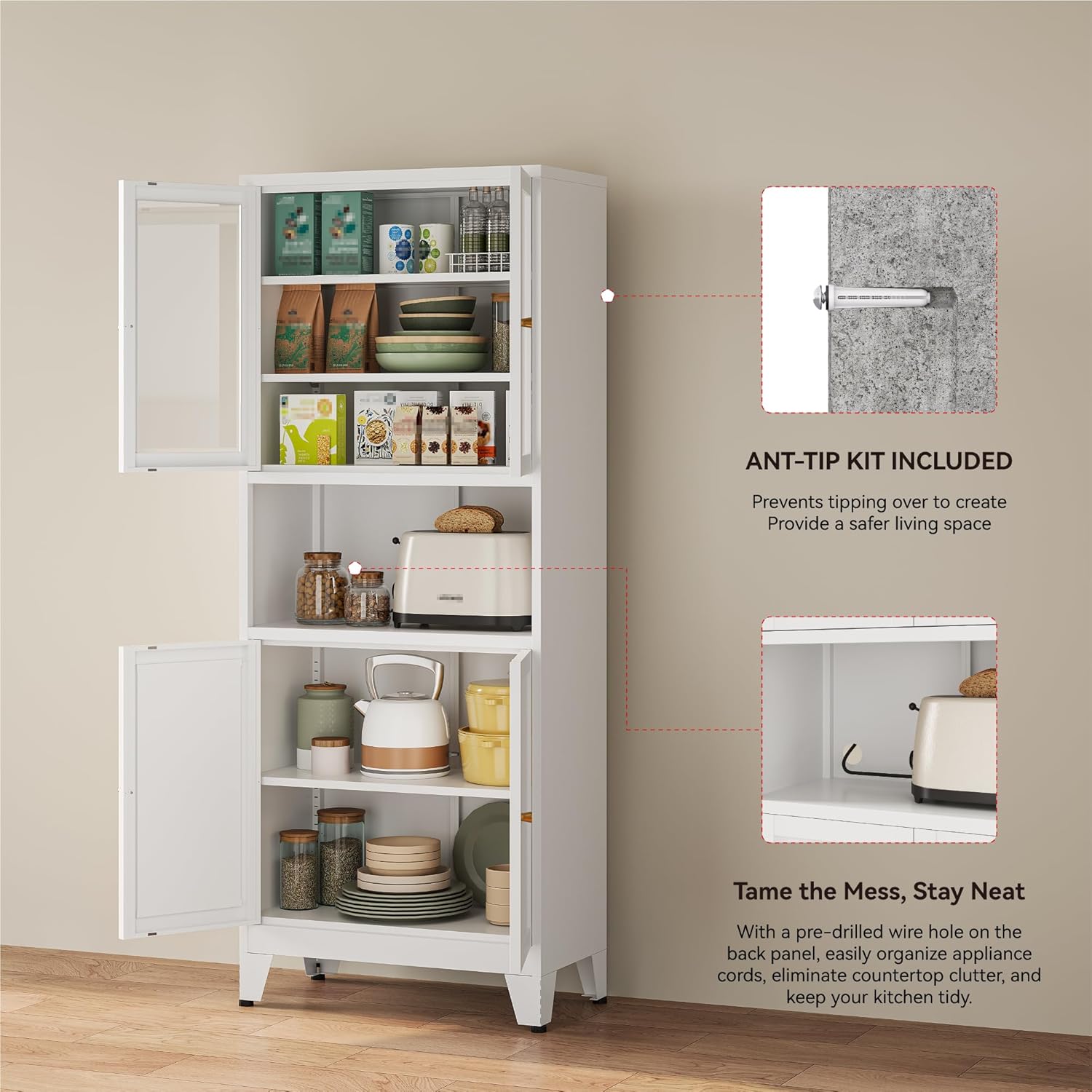 YAUWOH 69' Tall Metal Pantry Cabinet with Microwave Shelf, 2 Glass Doors & 3 Adjustable Shelves, 120LBS Per Shelf Heavy Duty Storage Cabinet with Anti-Tip Design for Kitchen,Dining Room (1PC,White)