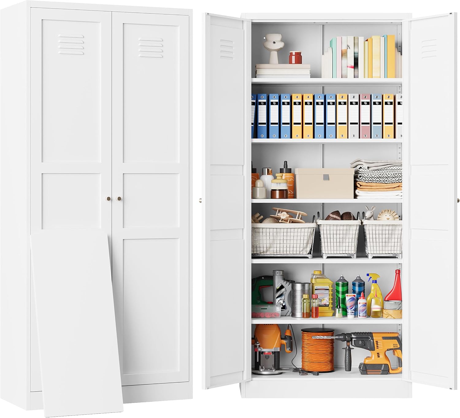SISESOL 71' Tall Pantry Cabinet with 2 Doors and 5 Shelves,Kitchen Pantry Storage Cabinets,White Metal Storage Cabinet,Wide Deep Food Cupboard for Home,Kitchen,Dining/Living Room