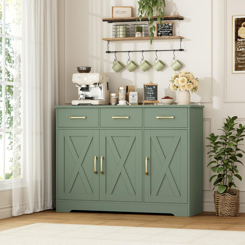 HOSTACK Modern Farmhouse Buffet Sideboard Cabinet, Barn Doors Storage Cabinet with Drawers and Shelves, Wood Coffee Bar with Storage for Dining Room, Kitchen, Living Room, Green