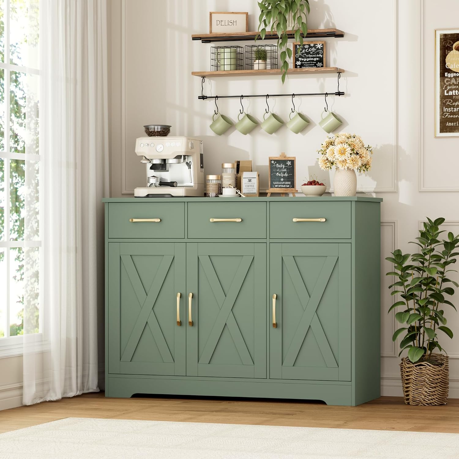 HOSTACK Modern Farmhouse Buffet Sideboard Cabinet, Barn Doors Storage Cabinet with Drawers and Shelves, Wood Coffee Bar with Storage for Dining Room, Kitchen, Living Room, Green