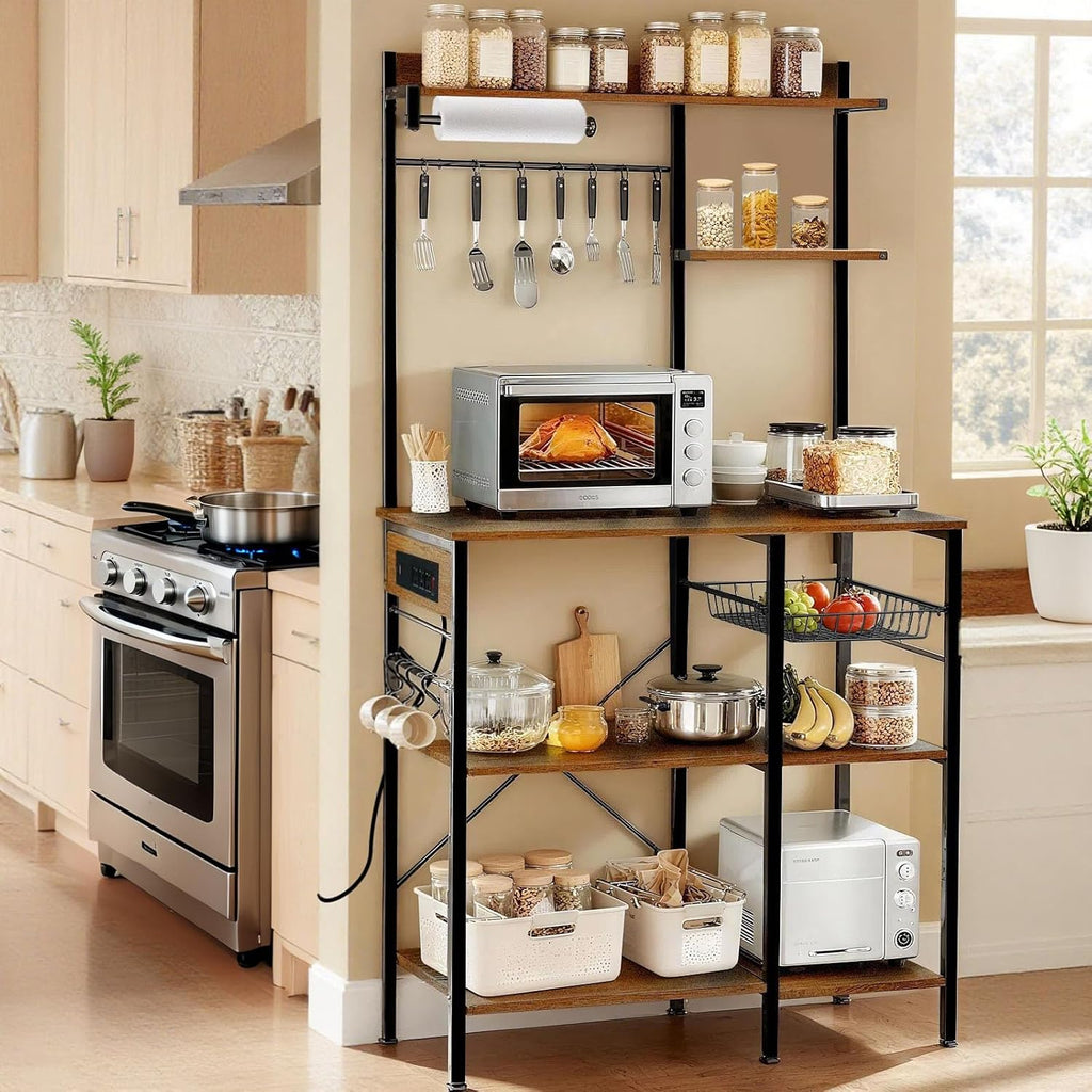 Bakers Rack with Power Outlet, Microwave Stand with Storage, Coffee Bar with S Shaped Hooks, Kitchen Shelf with Wire Basket, Metal Bakers Rack for Spices, Pots (Brown)