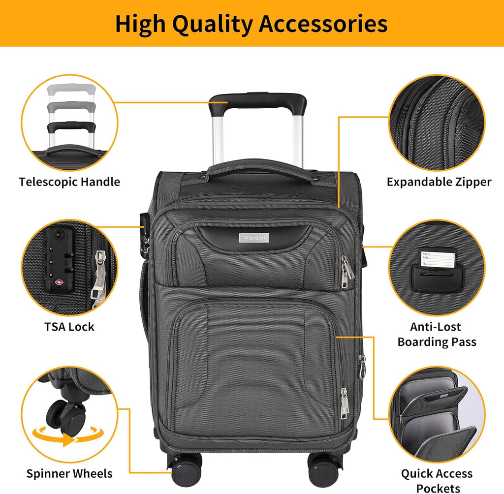 WireHot 3-Piece Softside Expandable Luggage Set with Front Open Pocket, Lightweight and Durable Oxford Fabric Suitcase Set with TSA Lock (Gray, 20in/24in/28in)