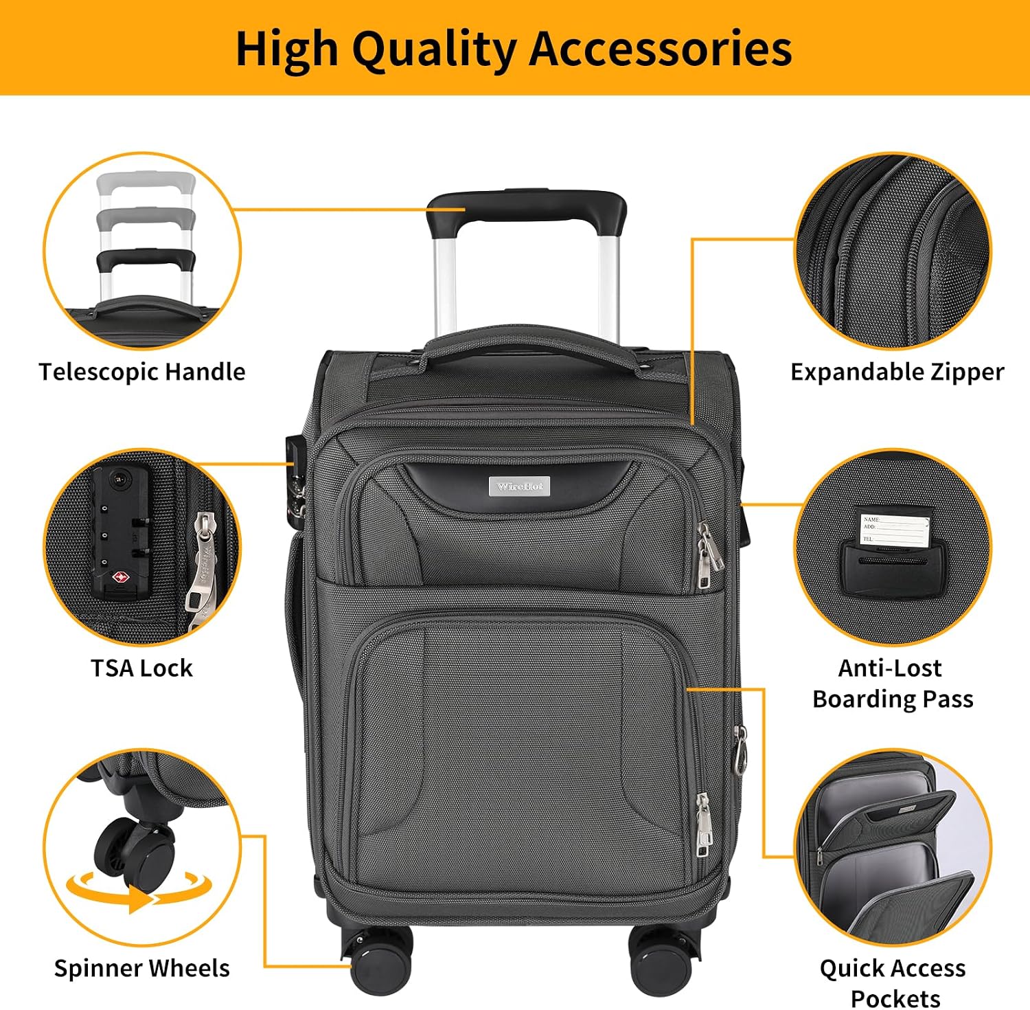 WireHot 3-Piece Softside Expandable Luggage Set with Front Open Pocket, Lightweight and Durable Oxford Fabric Suitcase Set with TSA Lock (Gray, 20in/24in/28in)