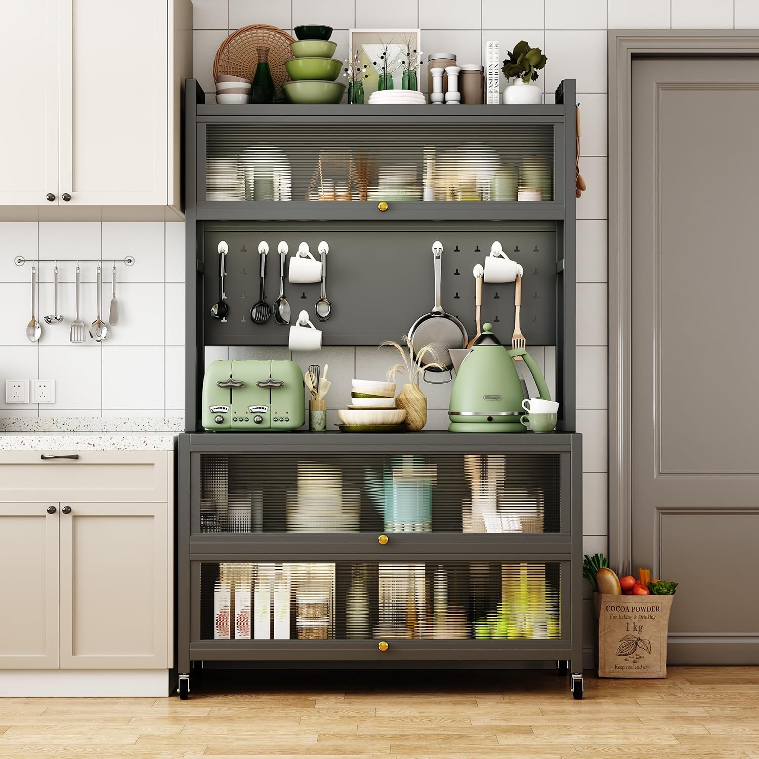 Kitchen Pantry Storage Cabinet, 5 Tier 65' H Metal Sideboard with Wheels and Acrylic Glass Door, Modern Kitchen Storage Rack for Home, Office,Pantry