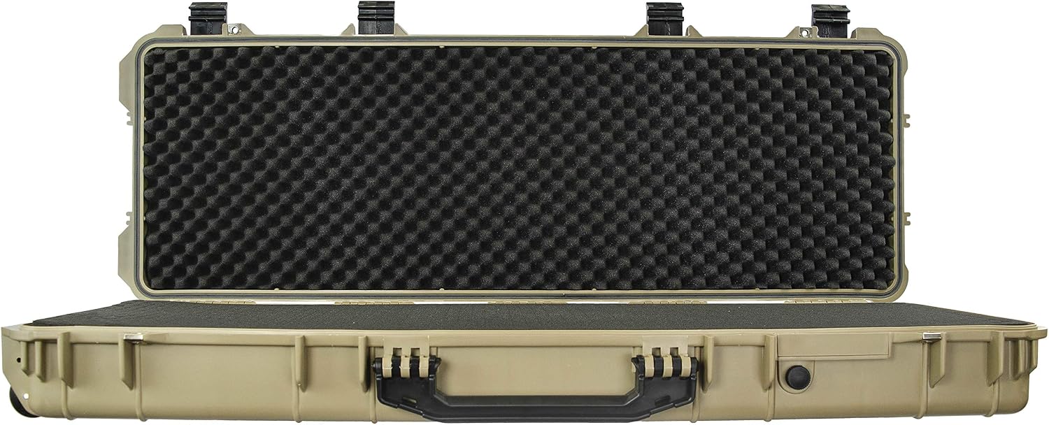 Eylar 48' Inch Protective Roller Rifle Hard Case with Foam, Waterproof & Crushproof, Two Rifles Or Multiple Guns, Pressure Valve with Lockable Fittings Tan FDE