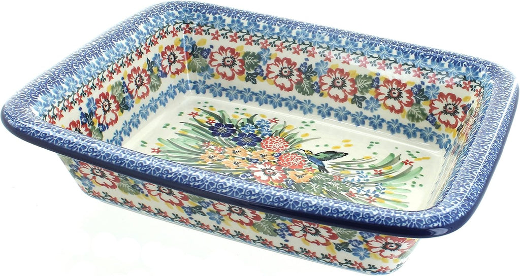 Blue Rose Polish Pottery - Red Hummingbird Small Rectangular Baker - 11.25' x 9.25' - Unique, Dishwasher Safe, & Durable Bakeware