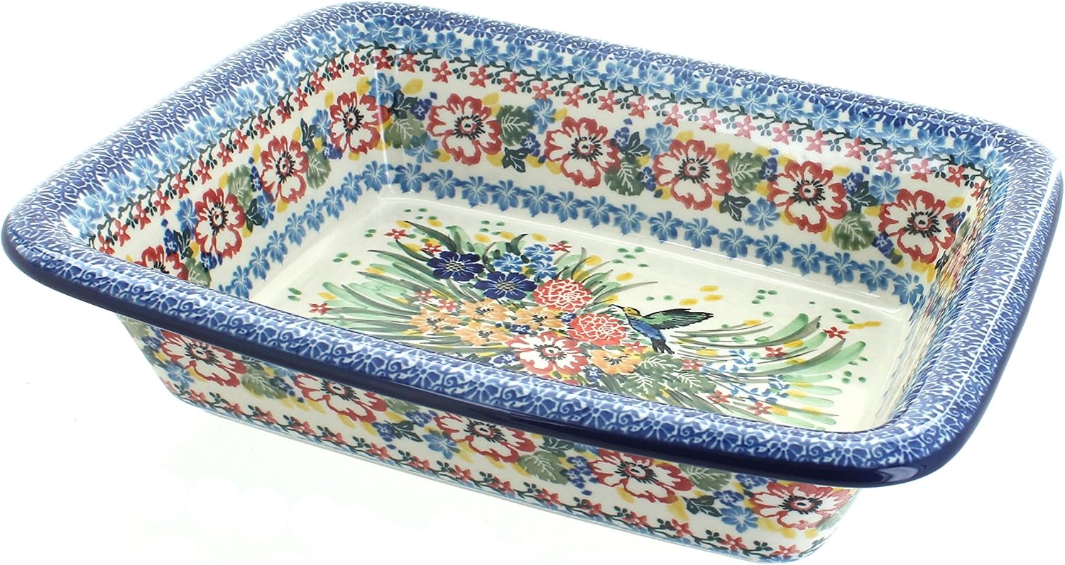 Blue Rose Polish Pottery - Red Hummingbird Small Rectangular Baker - 11.25' x 9.25' - Unique, Dishwasher Safe, & Durable Bakeware
