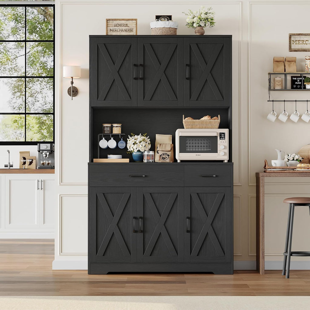 HOSTACK 71' Pantry Cabinet with Charging Station, Tall Kitchen Pantry Storage Cabinet with Microwave Stand, Farmhouse Kitchen Hutch with Storage Drawers for Living Room, Dining Room, Black Wood Grain