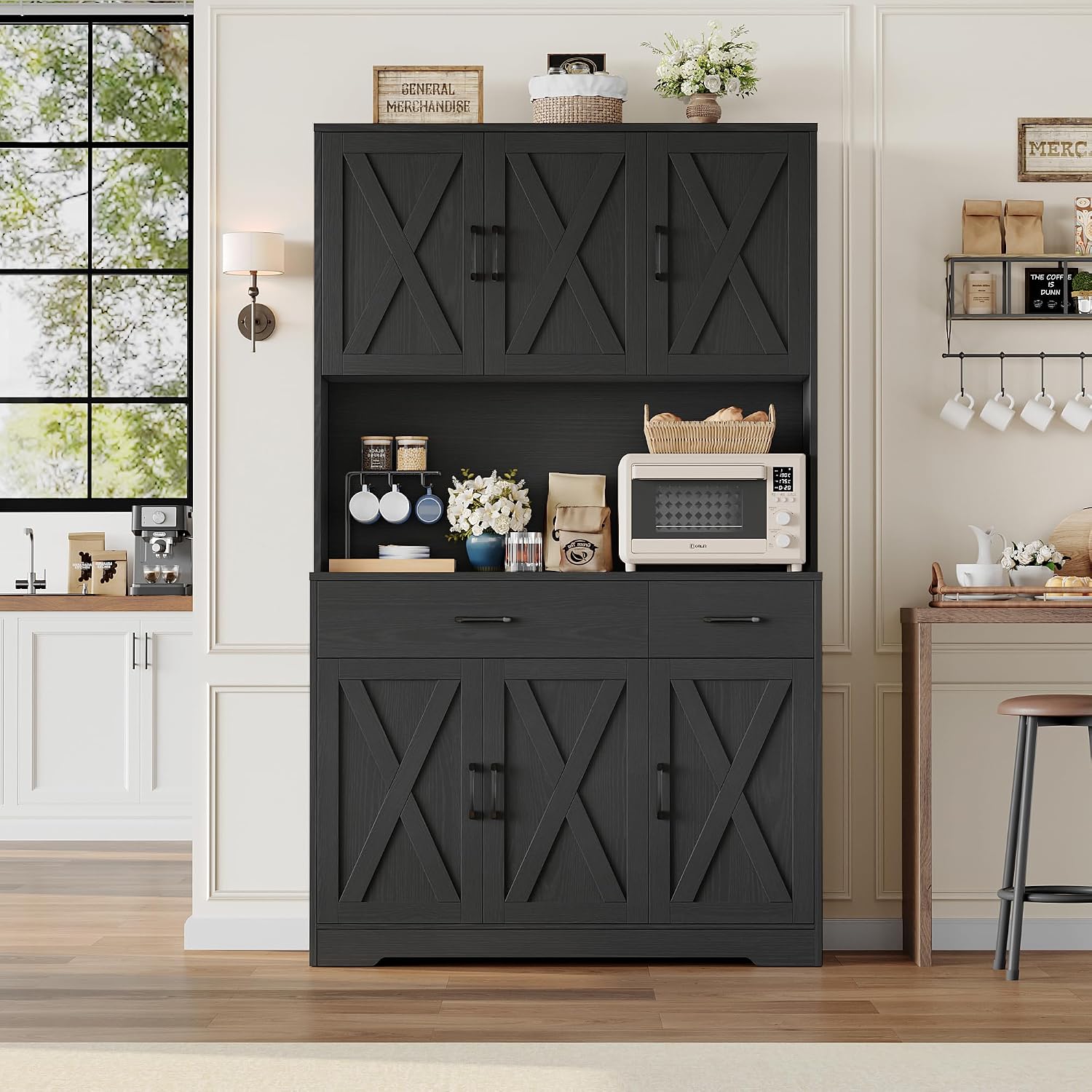 HOSTACK 71' Pantry Cabinet with Charging Station, Tall Kitchen Pantry Storage Cabinet with Microwave Stand, Farmhouse Kitchen Hutch with Storage Drawers for Living Room, Dining Room, Black Wood Grain