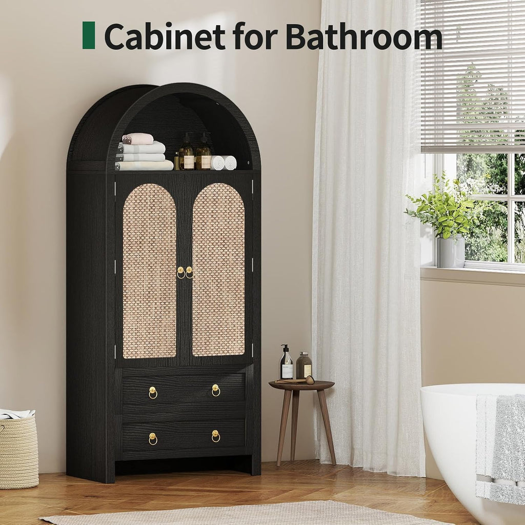 71' Arched Cabinet Kitchen Pantry Cabinet with Rattan Doors, Storage Cabinet with Drawers & Height Adjustable Shelves, Hutch Cabinets with Storage, Tall Arch Bookcase for Dining Room Kitchen, Black