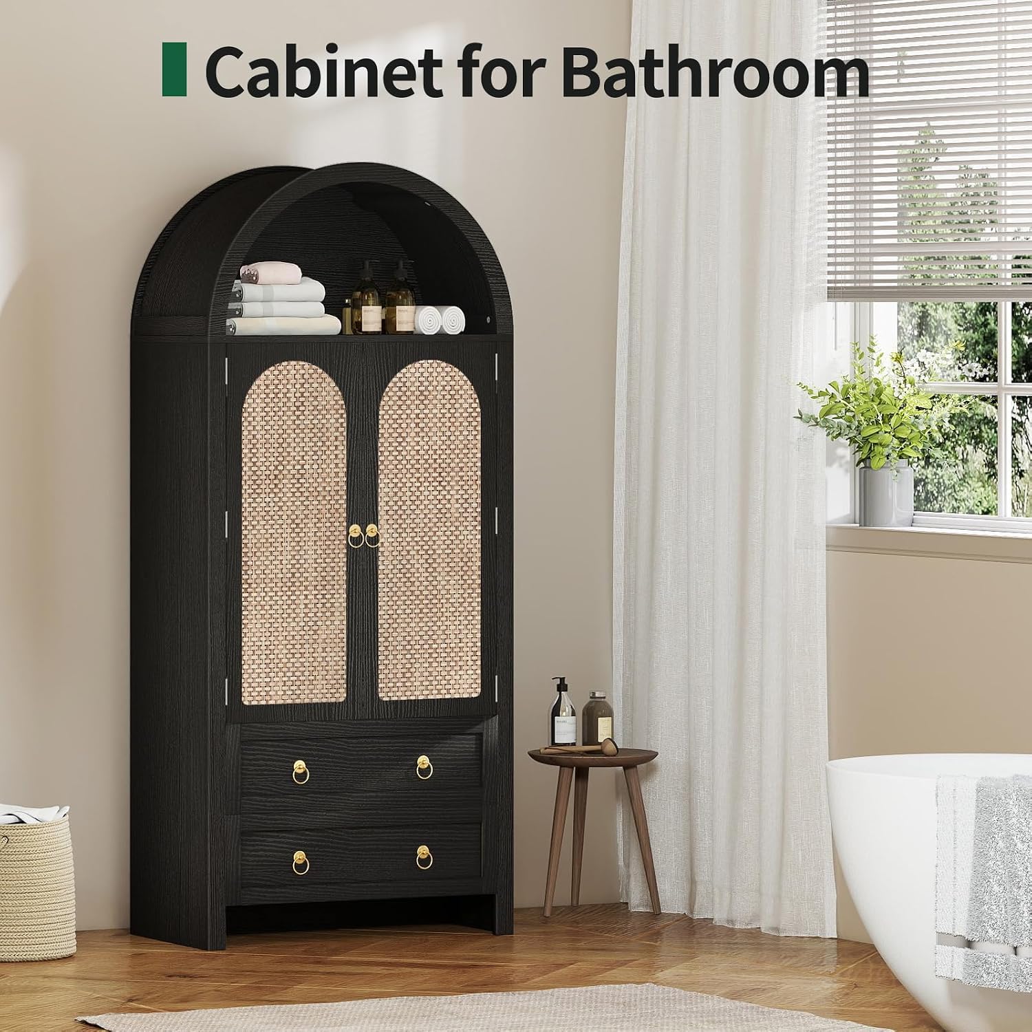 71' Arched Cabinet Kitchen Pantry Cabinet with Rattan Doors, Storage Cabinet with Drawers & Height Adjustable Shelves, Hutch Cabinets with Storage, Tall Arch Bookcase for Dining Room Kitchen, Black