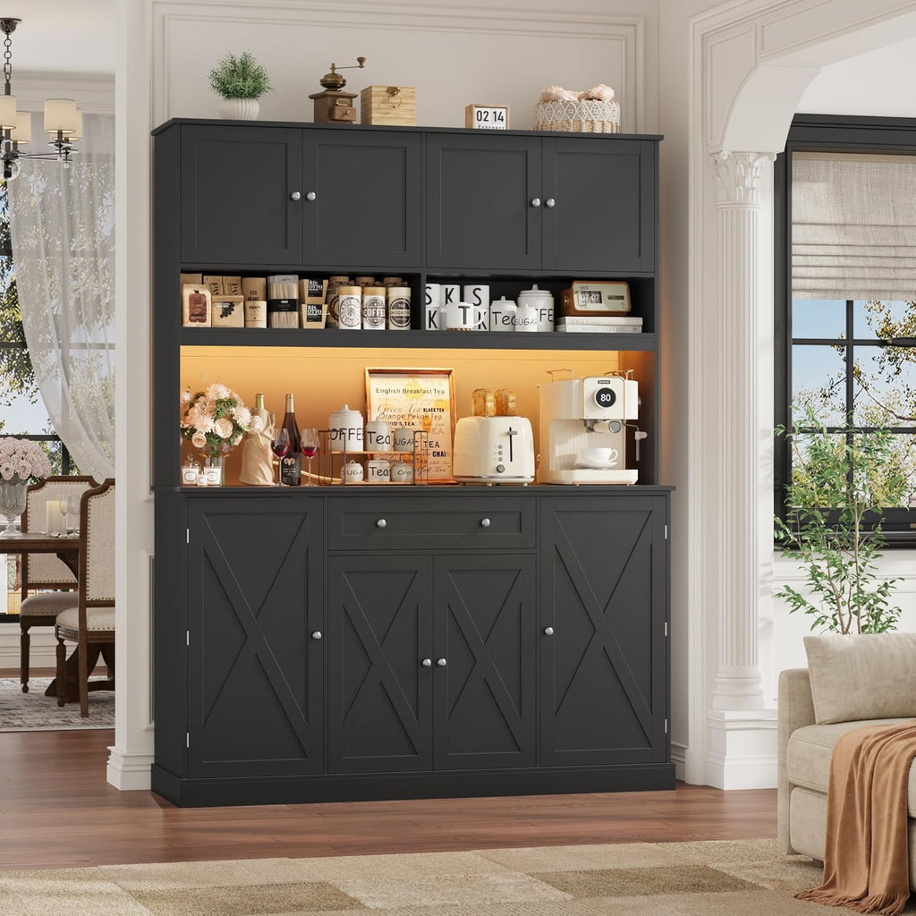 HIFIT 72.8' LED Kitchen Pantry Cabinet with Charging Station, 55' Wide Farmhouse Pantry Cabinet with Microwave Stand&Shelves&Swing-Out Door, Kitchen Hutch Coffee Bar for Living Room, Black
