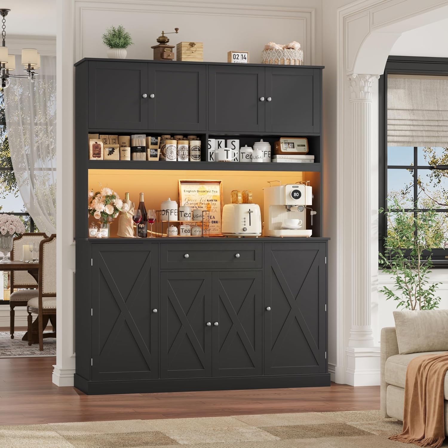HIFIT 72.8' LED Kitchen Pantry Cabinet with Charging Station, 55' Wide Farmhouse Pantry Cabinet with Microwave Stand&Shelves&Swing-Out Door, Kitchen Hutch Coffee Bar for Living Room, Black