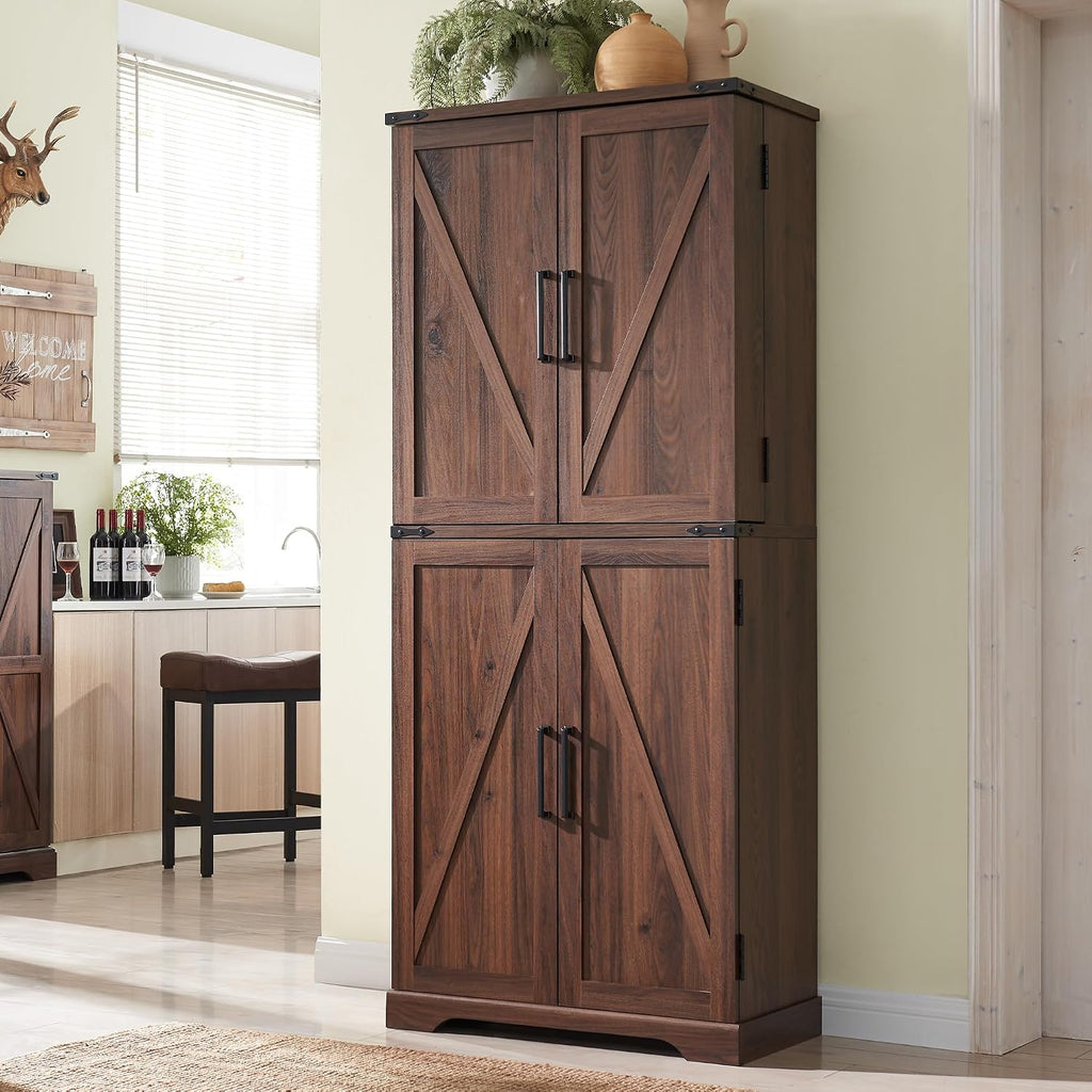 ACCOHOHO 72' Tall Kitchen Pantry, Farmhouse Storage Cabinet with Barn Doors, Organizer, Drawer and Adjustable Shelves, Rustic Wood Cupboard for Kitchen, Dining Room, Bathroom, Brown