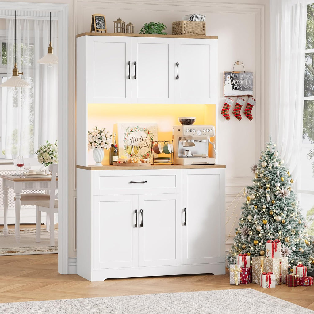 HIFIT 71' LED Pantry Cabinet with Power Outlet, Tall Kitchen Hutch Storage Cabinet with Microwave Stand & 6 Door Shelves, Modern Food Pantry Cabinets with Drawer for Kitchen Dining Living Room, White