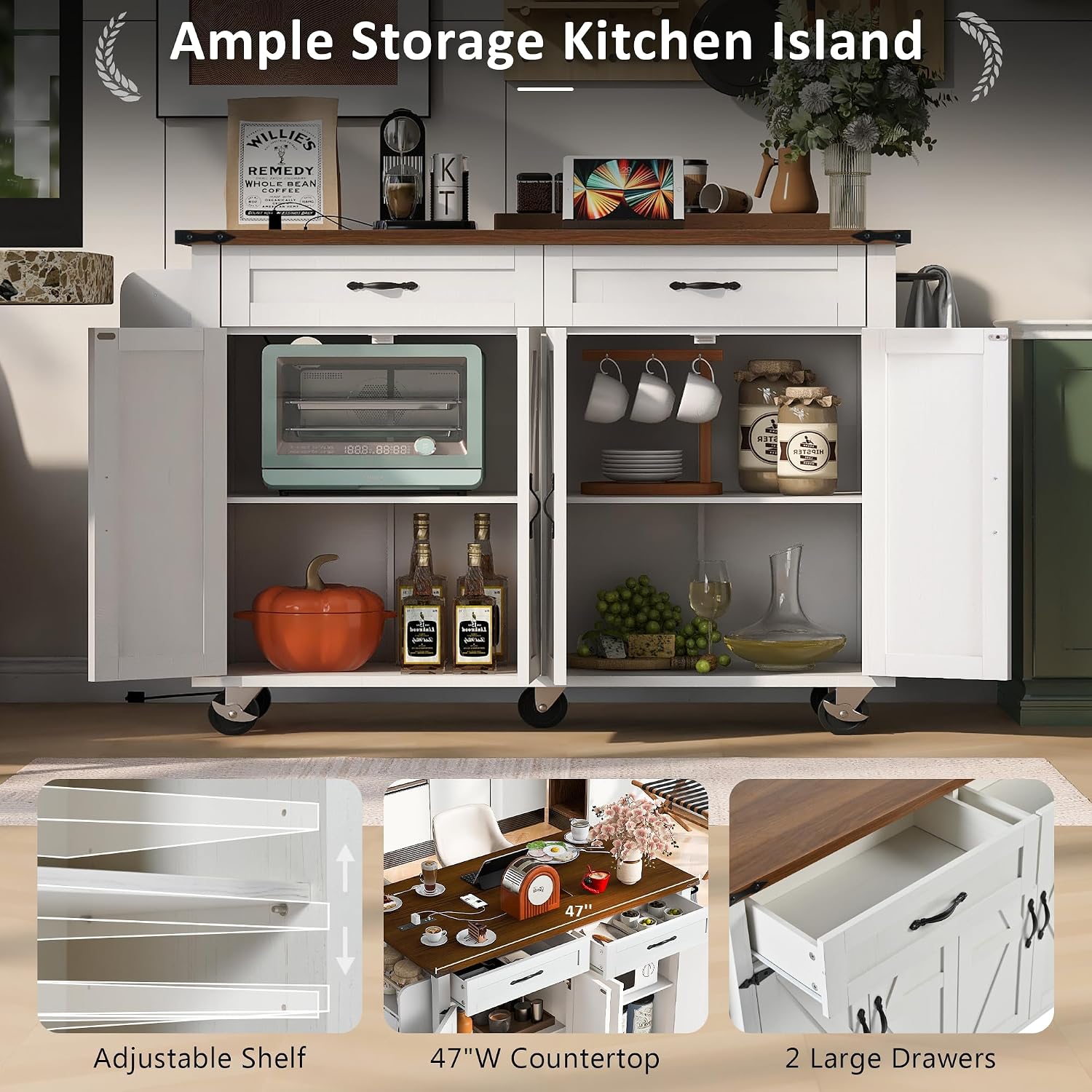 Farmhouse Kitchen Island,Large Rolling Kitchen Cart on Wheels White | Solid Wood Storage Island with Drop Leaf, Spice Rack and Drawer,Power Outlet