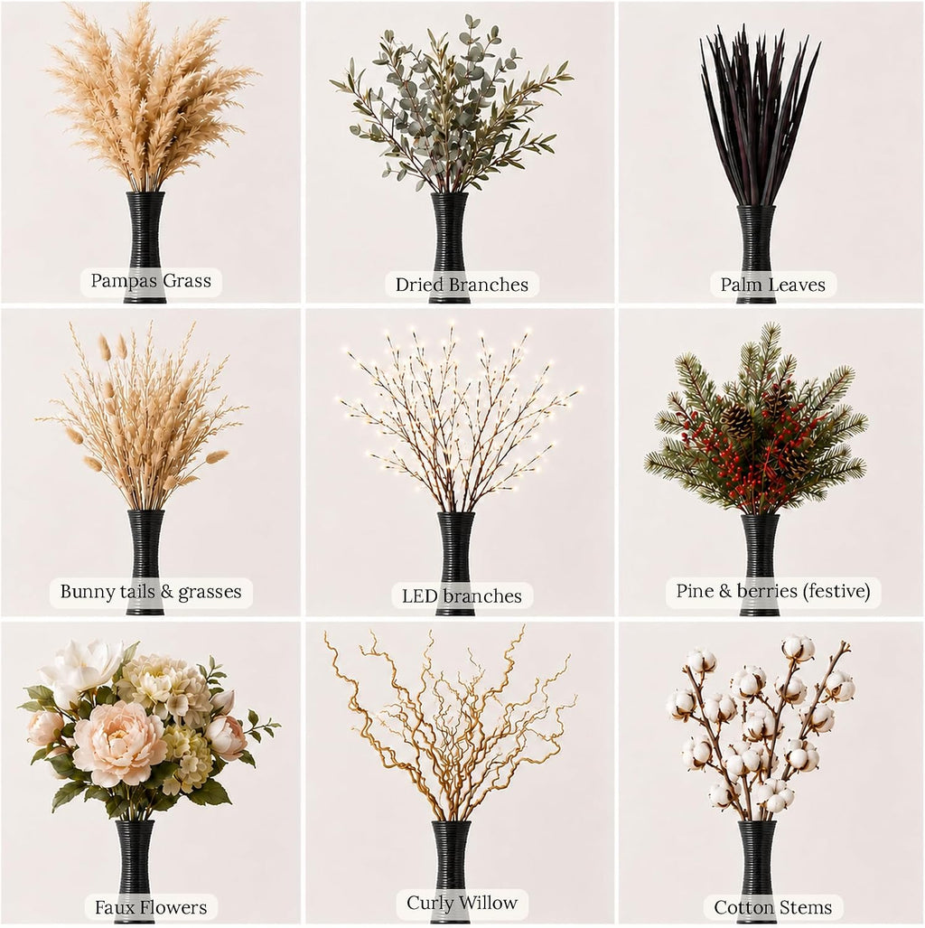 Leewadee Large Black Home Decor Floor Vase - Wooden 34 inch Tall Farmhouse Decor Flower Holder for Fake Plant and Pampas Grass