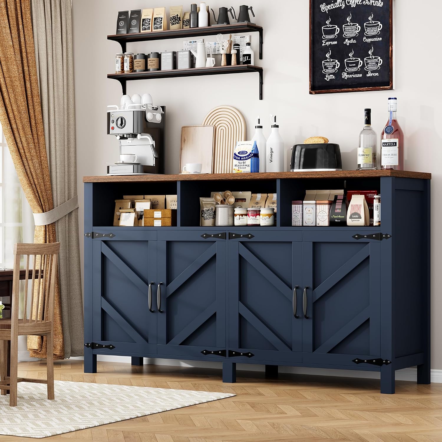 knoworld Buffet Sideboard with Storage Farmhouse with 4 Doors, 55'' Large Kitchen Storage Cabinet Wood Coffee Bar Buffet Table for Kitchen, Dining Room (Blue, 55 in)