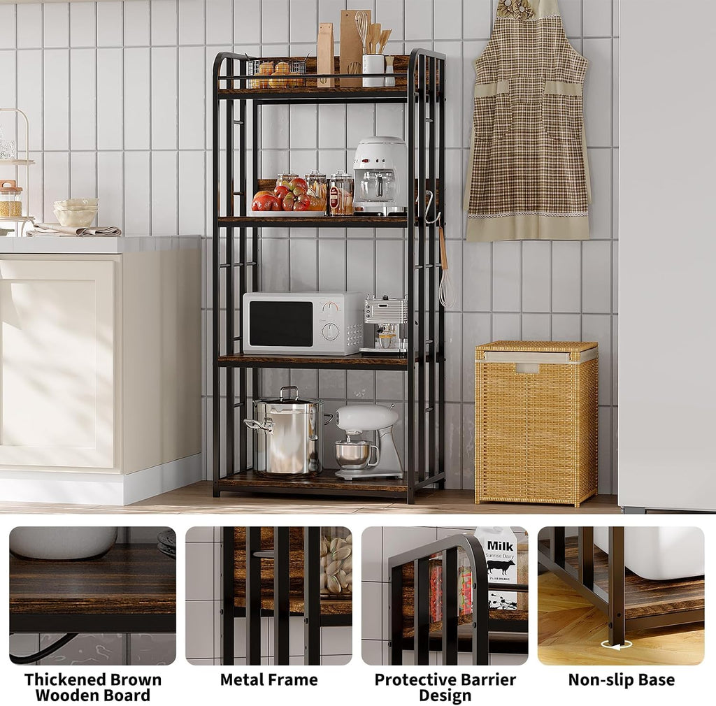 Takywep 4 Tier Bakers Rack, Freestanding Microwave Stand, Industrial Kitchen Storage Rack with Adjustable Shelves, Heavy Duty Metal Frame Utility Shelves for Living Room, Garage